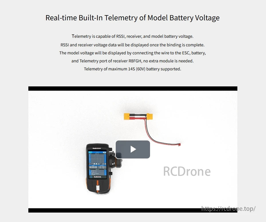 RadioLink R8FGH 8CH Receiver, The R8FGH receiver has built-in telemetry that displays model battery and receiver voltages after binding, with no quotes.