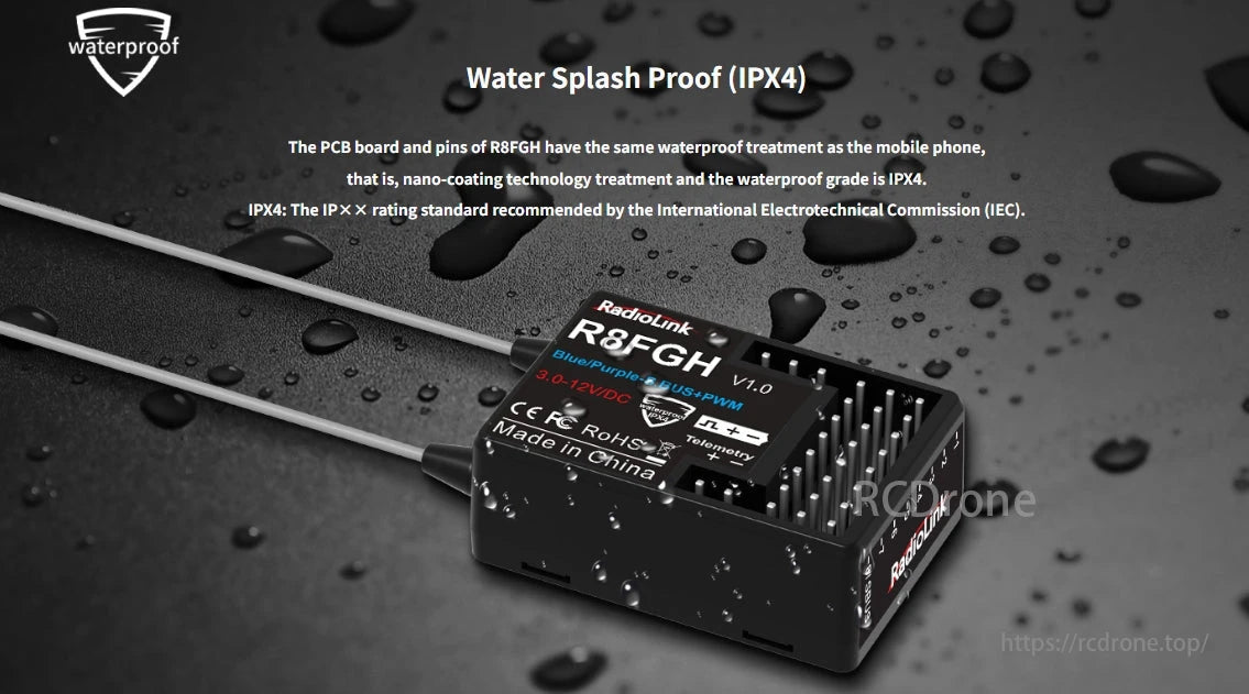 RadioLink R8FGH 8CH receiver, waterproof (IPX4), nano-coating, supports Blue/Purple/IBUS/PWM, 3.0-12V/DC, CE/RoHS compliant, made in China.