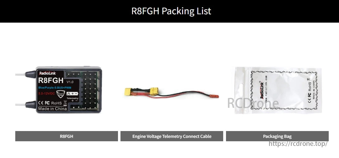 The RadioLink R8FGH 8CH receiver includes a voltage telemetry cable and packaging bag.