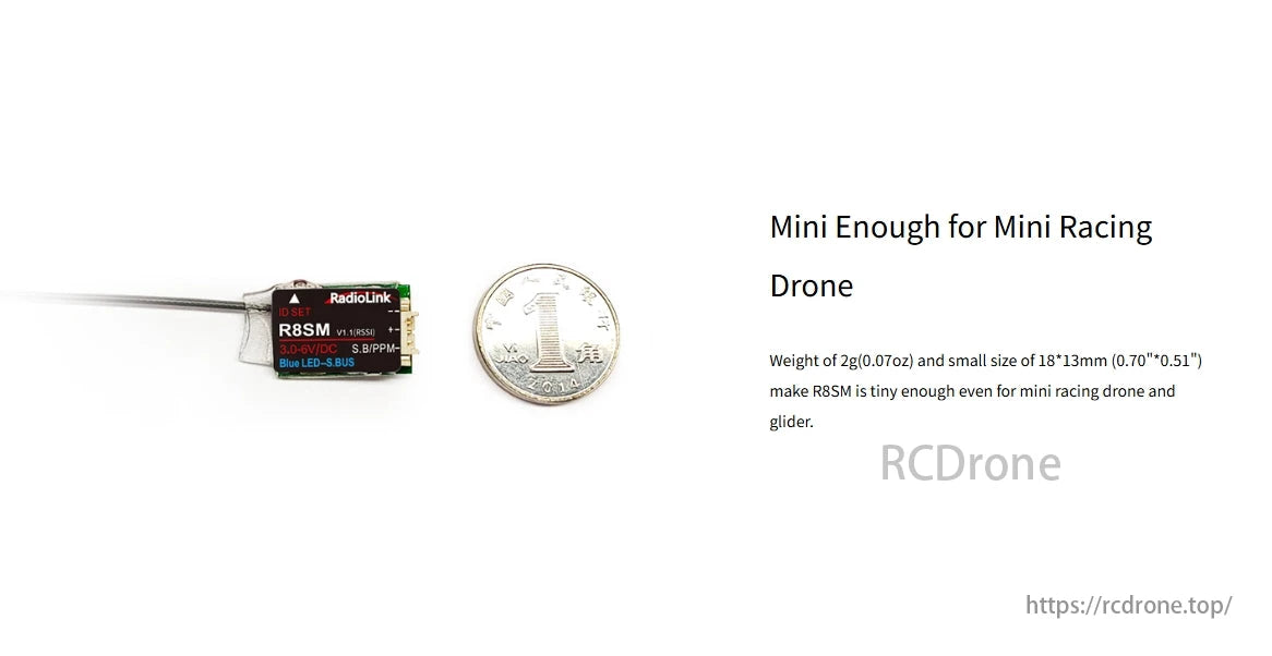 RadioLink R8SM 8 Channels Mini Receiver, The RadioLink R8SM is a lightweight 8-channel receiver for racing drones, featuring 2.4GHz SBUS/PPM output, compact size (18x13mm), and weighs only 2g.