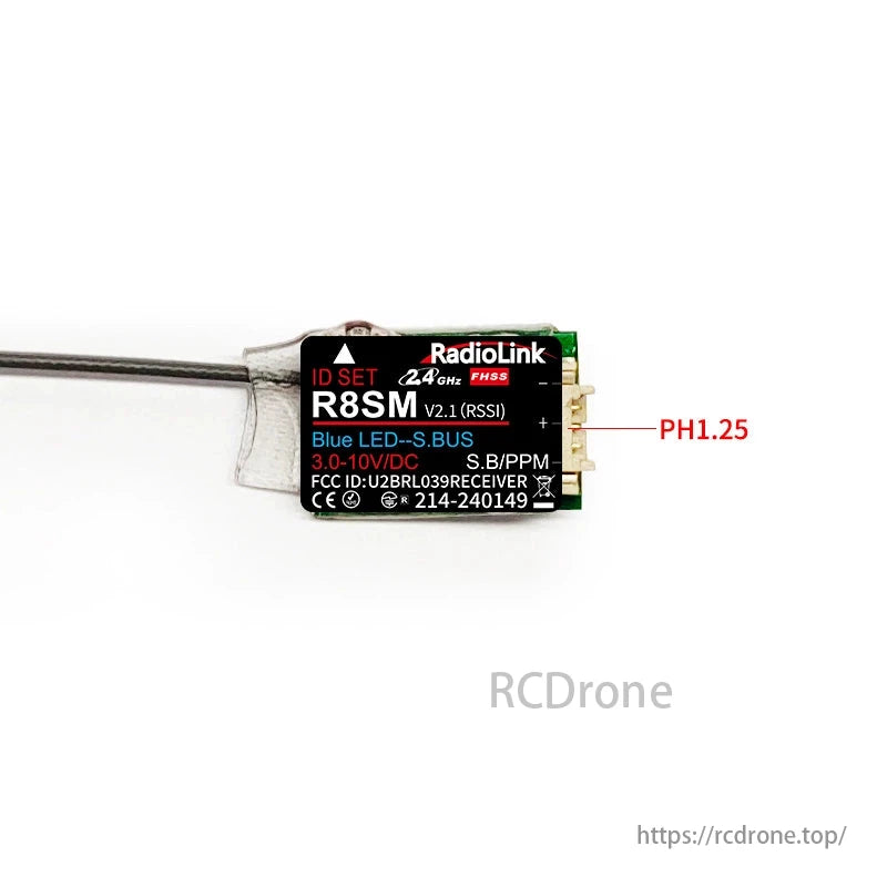 RadioLink R8SM 8 Channels Mini Receiver, The RadioLink R8SM is a compact 8-channel receiver with 2.4GHz FHSS, S.BUS output, Blue LED, and operates on 3.0-10V DC power.