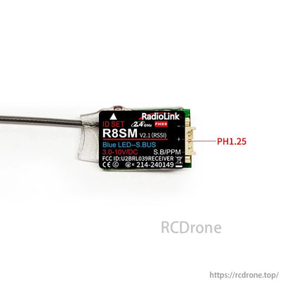 RadioLink R8SM 8 Channels Mini Receiver, The RadioLink R8SM is a compact 8-channel receiver with 2.4GHz FHSS, S.BUS output, Blue LED, and operates on 3.0-10V DC power.