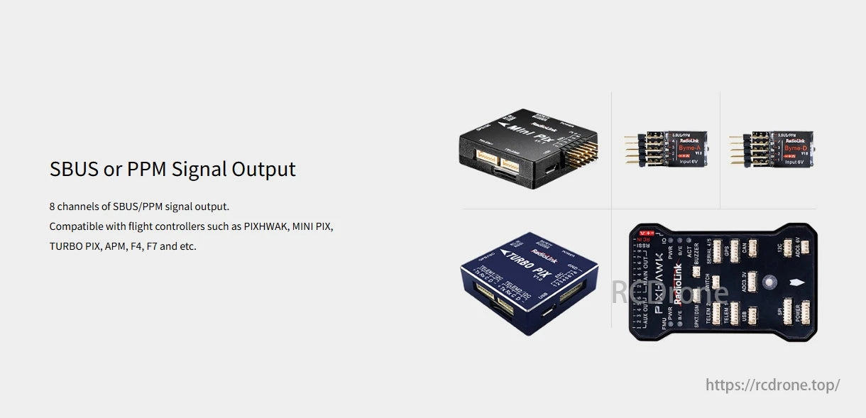 RadioLink R8SM 8 Channels Mini Receiver, SBUS/PPM signal output with 8 channels, compatible with various flight controllers and RadioLink R8SM receiver for racing drones.