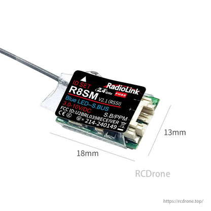 RadioLink R8SM 8 Channels Mini Receiver, The RadioLink R8SM is a compact 8-channel 2.4GHz receiver with S.BUS/PPM output, ideal for racing drones.