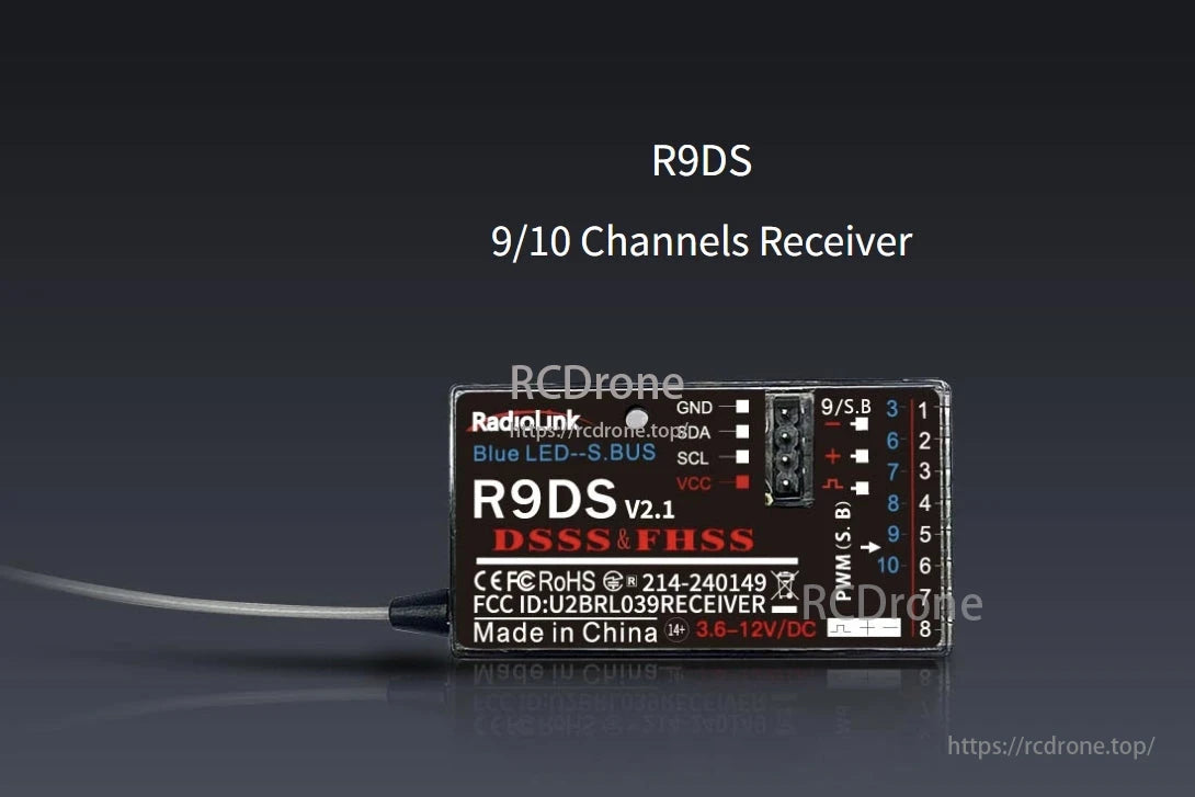 RadioLink R9DS 2.4GHz 9/10CH SBUS&PWM Receiver, The RadioLink R9DS V2.1 is a 2.4GHz 9/10-channel receiver with DSSS/FHSS support, Blue LED, S.BUS/PWM outputs, and operates on 3.6-12V DC. Compliant with CE, FCC, RoHS standards, it's ideal for RC applications.