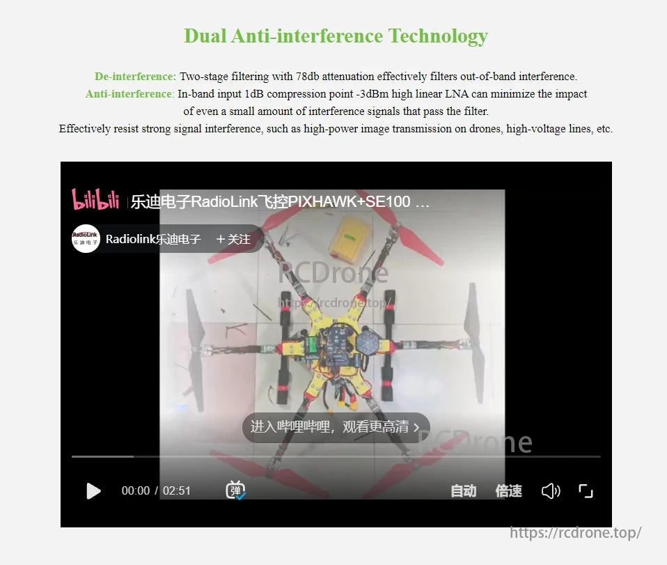 RadioLink SE100 M10N GPS, Dual anti-interference tech uses 78dB attenuation and -3dBm LNA to block out-of-band and minimize in-band interference, resisting strong signals like high-power drones.