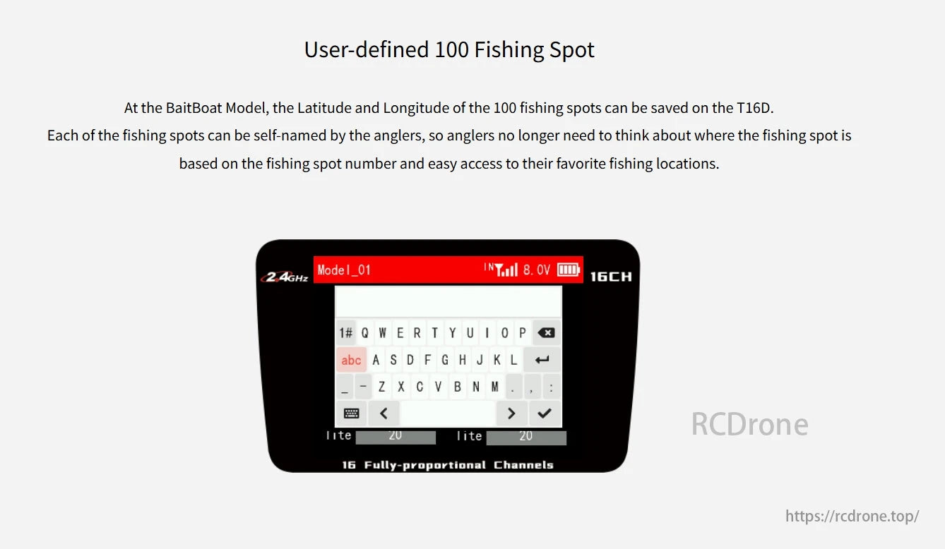 RadioLink T16D Transmitter, The T16D allows users to save 100 custom fishing spots with latitude/longitude, name favorites, and features a keyboard interface and 16 proportional channels.
