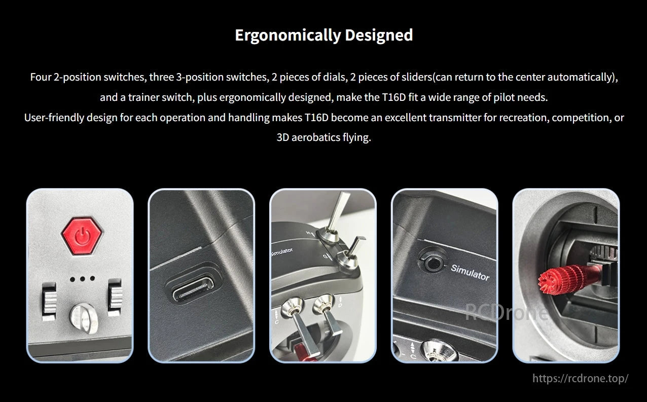 RadioLink T16D Transmitter, The T16D transmitter features multiple switches, dials, and a trainer switch, with an ergonomic design suitable for recreation, competition, and 3D aerobatics.