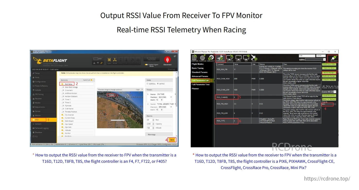 RadioLink T16D Transmitter, Send RSSI from receiver to FPV monitor for real-time telemetry during racing. Instructions for T16D, T12D, T8FB, T8S transmitters with F4, F7, PIXHAWK flight controllers.