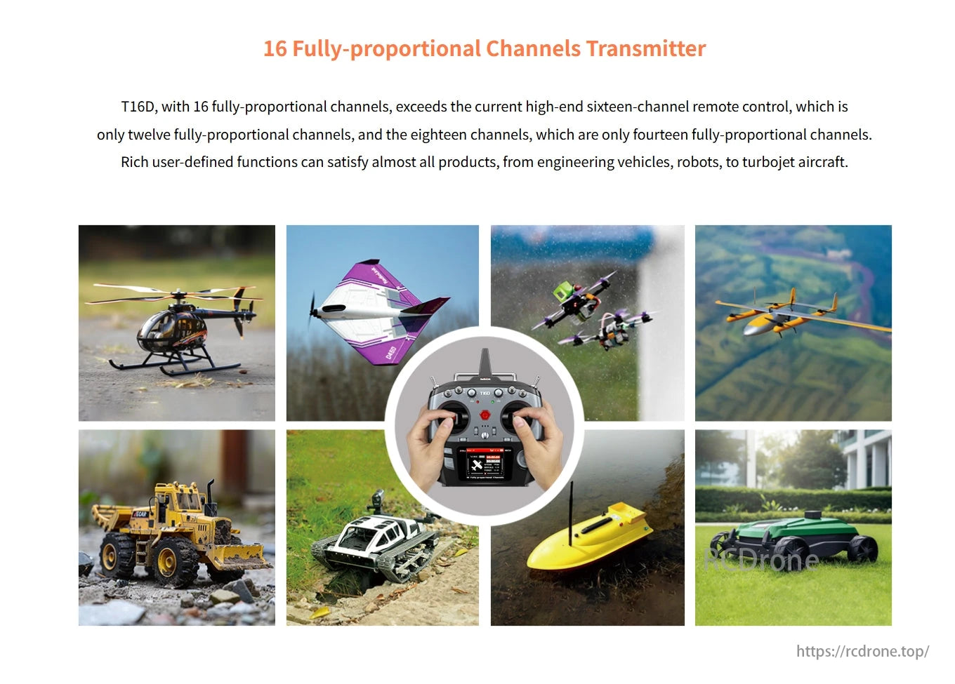 RadioLink T16D Transmitter, The T16D transmitter provides 16 proportional channels, supports multiple RC models, and offers advanced customizable functions.