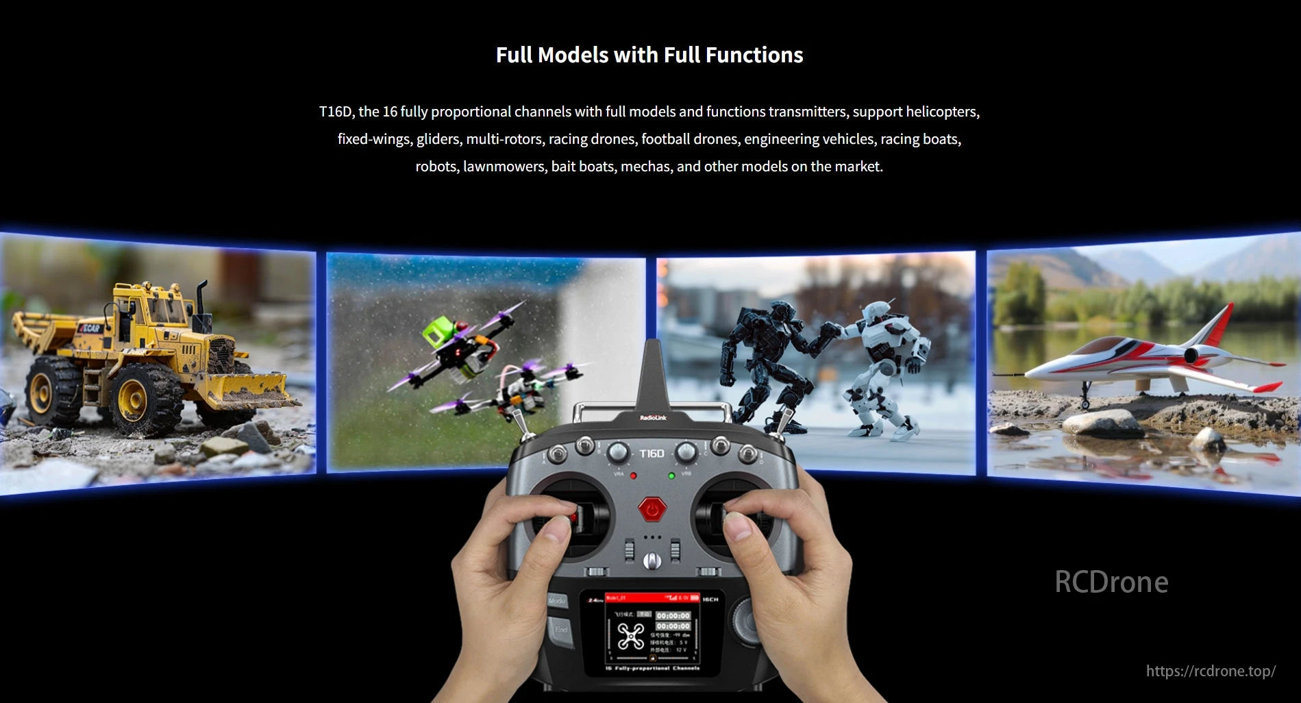 The RadioLink T16D transmitter supports various drones and vehicles with 16 proportional channels and full functionality.