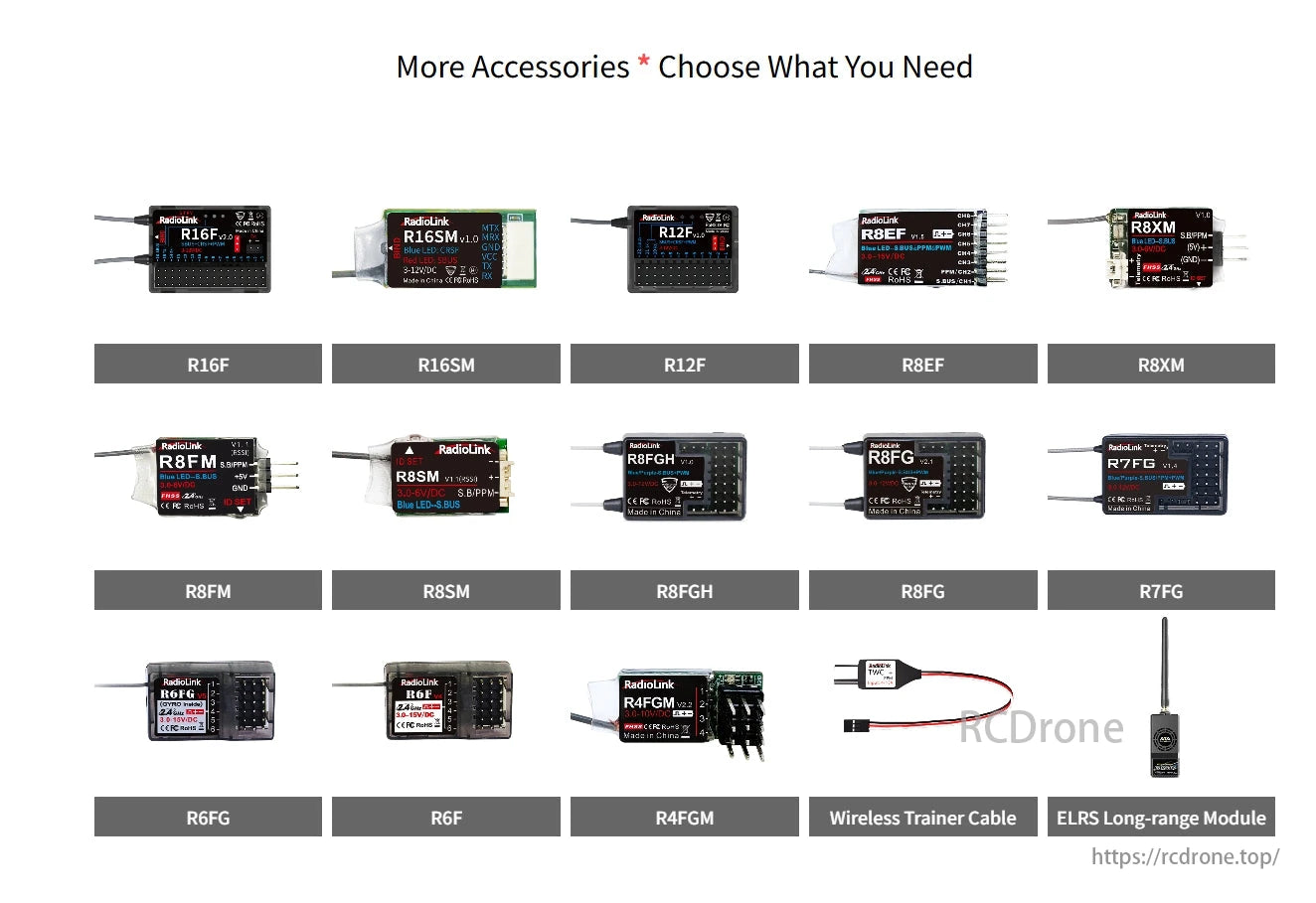RadioLink T16D Transmitter, RadioLink offers accessories like R16F, R16SM, R12F, R8 series, R7FG, R6 series, R4FGM, Wireless Trainer Cable, and ELRS Module for enhanced drone functionality.