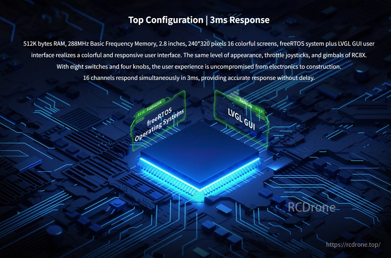 RadioLink T16D Transmitter, High-performance configuration with 3ms response, 512K RAM, 288MHz memory, 2.8-inch screen, freeRTOS + LVGL GUI, 16 channels, 8 switches, 4 knobs for precise, delay-free operation.