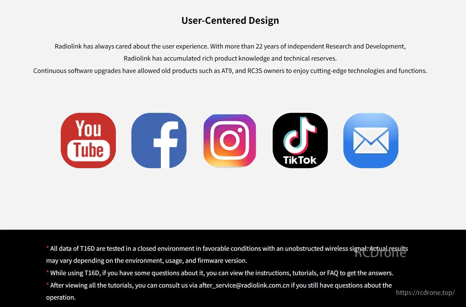 RadioLink T16D Transmitter, Radiolink emphasizes user-centered design, 22 years of R&D, and continuous software upgrades for AT9 and RC3S. T16D data tested under ideal conditions; results may vary.