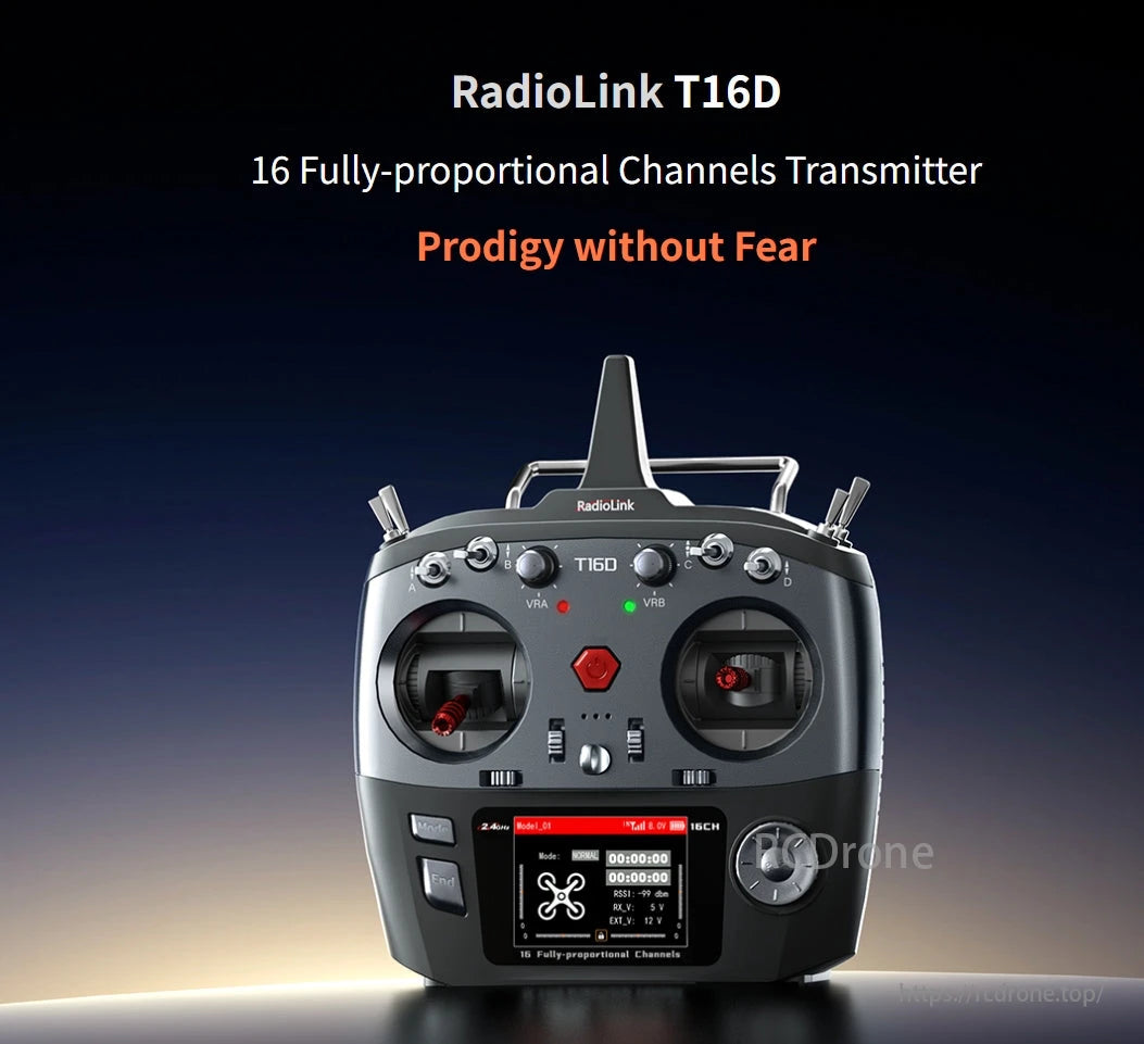 RadioLink T16D Transmitter, The RadioLink T16D is a 16-channel transmitter with dual joysticks, buttons, and a digital display, offering precise control.