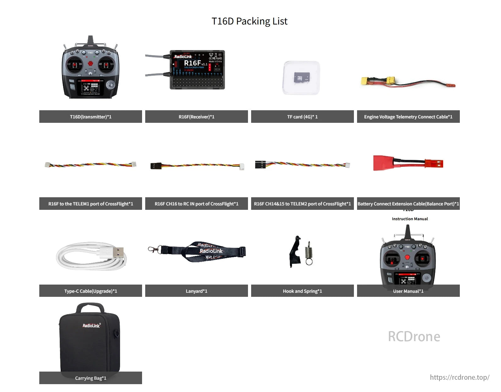 RadioLink T16D Transmitter, The package includes a T16D transmitter, R16F receiver, 4GB TF card, telemetry cable, CrossFlight connectors, battery extension cable, Type-C cable, lanyard, hook, spring, user manual, and carrying bag.