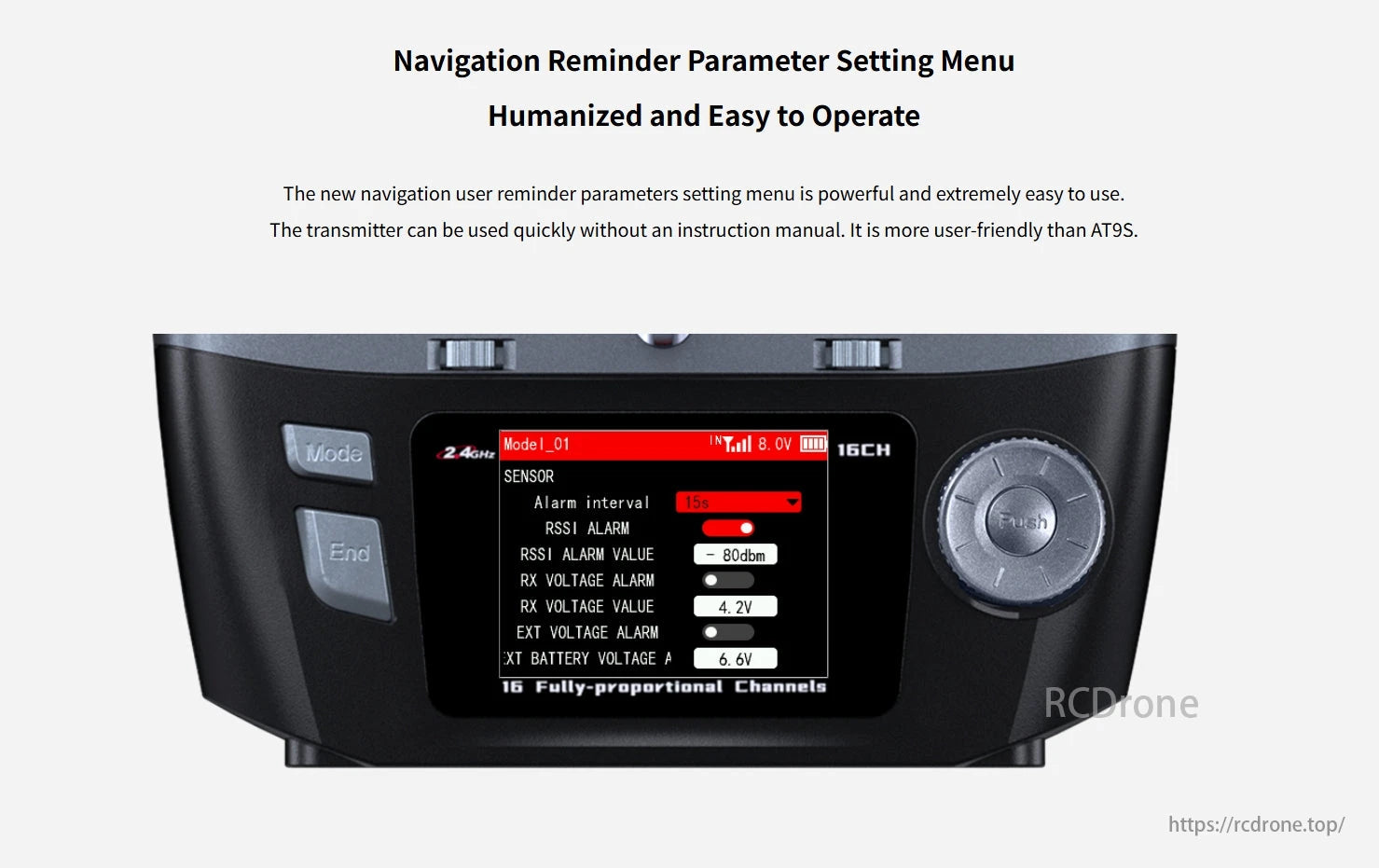 RadioLink T16D Transmitter, The new navigation reminder parameter menu is user-friendly, powerful, and easier to use than AT9S, requiring no manual.