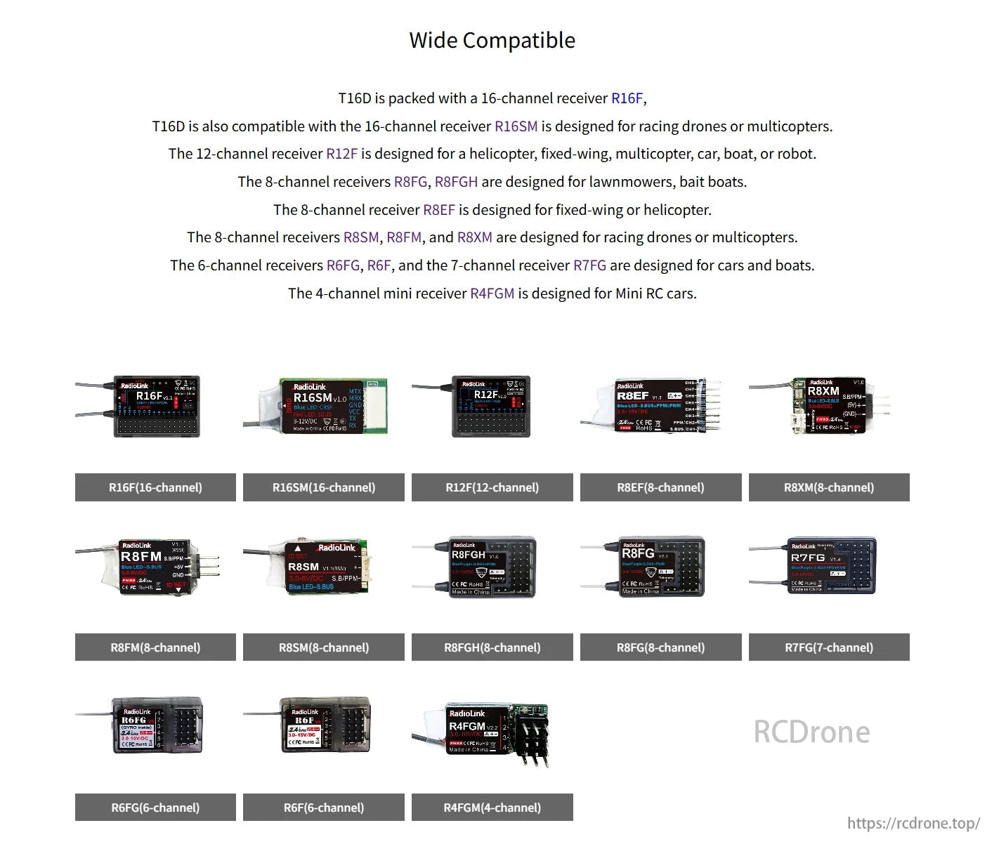 RadioLink T16D Transmitter, T16D is widely compatible with various RadioLink receivers for drones, helicopters, lawnmowers, racing drones, cars, and mini RC cars.
