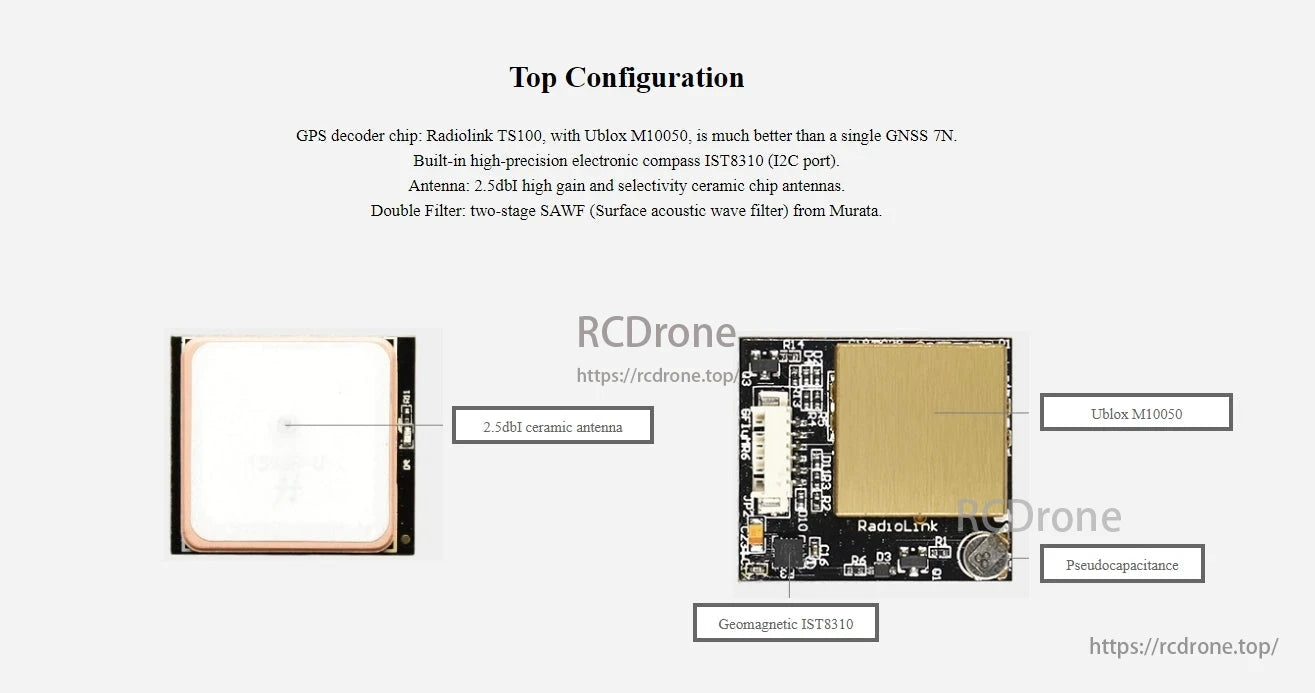 The RadioLink TS100 v2.0 Mini M10N GPS features high precision and reliability with advanced components in a compact design for navigation.