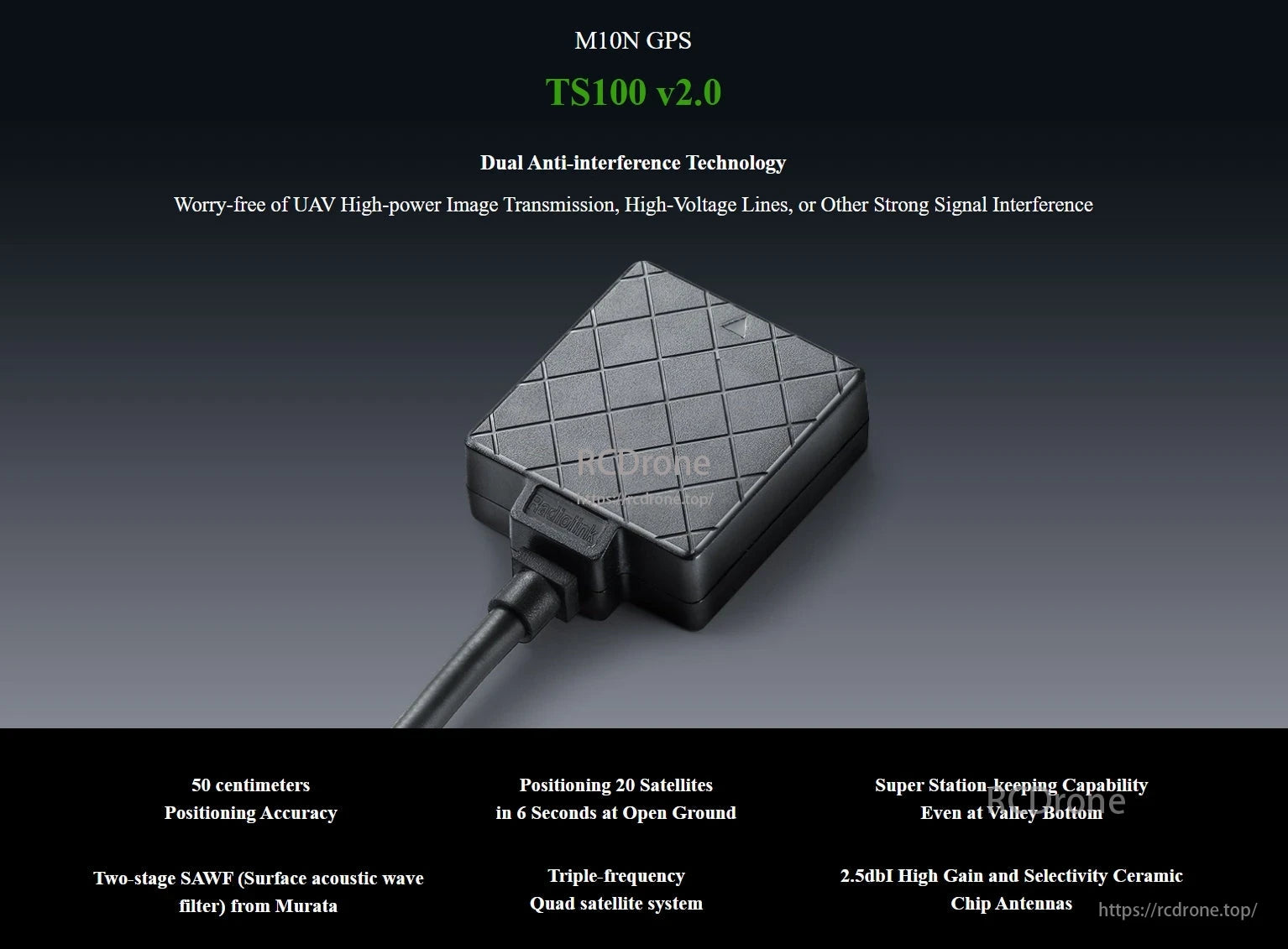RadioLink TS100 v2.0 Mini M10N GPS, The Mini M10N GPS provides dual anti-interference, 50 cm accuracy, fast satellite tracking, and reliable performance with high-gain antennas.