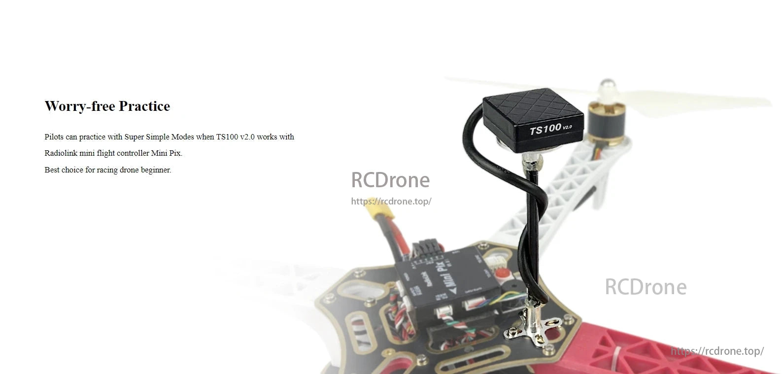 RadioLink TS100 v2.0 Mini M10N GPS, The TS100 v2.0 GPS with Mini Pix flight controller provides stress-free training for beginner racing drone pilots.