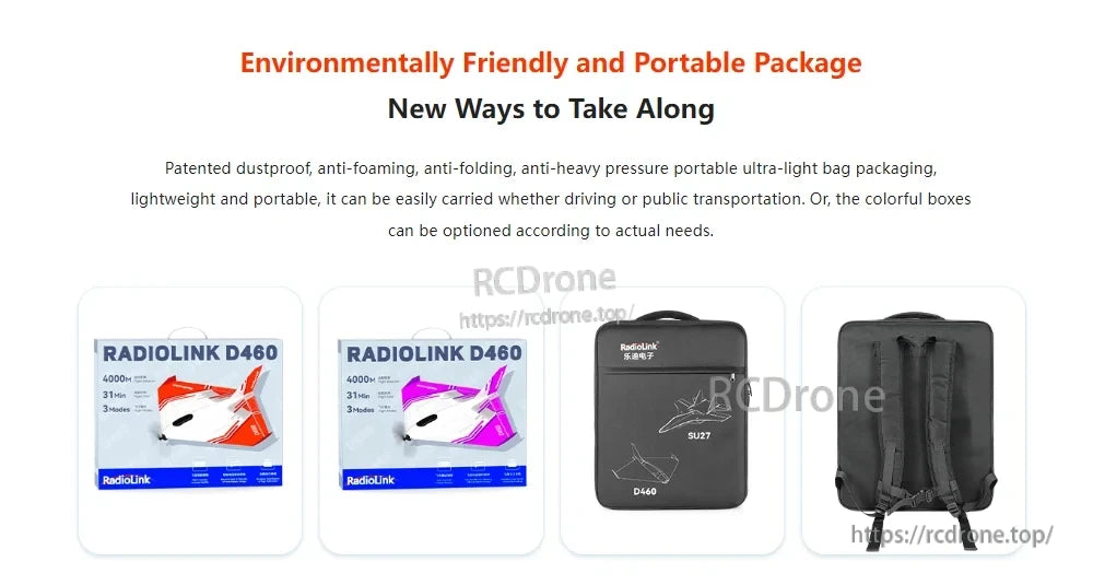 RadioLink Turbot D460 RTF RC Airplane, The RadioLink D460 RC airplane features eco-friendly, portable packaging with a durable, lightweight bag and colorful boxes, ideal for travel by car or public transport.