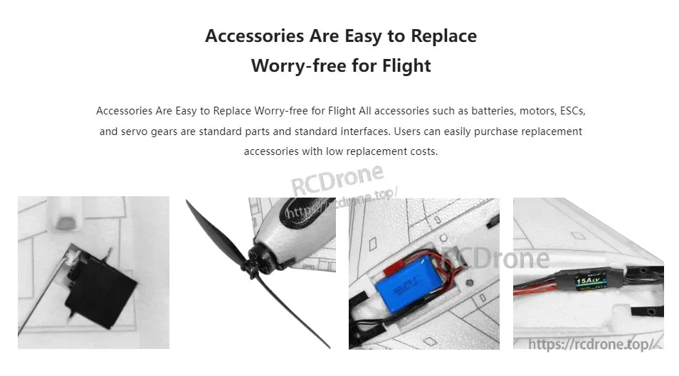 RadioLink Turbot D460 RTF RC Airplane, Standard parts like batteries, motors, ESCs, and servo gears make drone accessories easy and affordable to replace, ensuring reliable, worry-free flight.