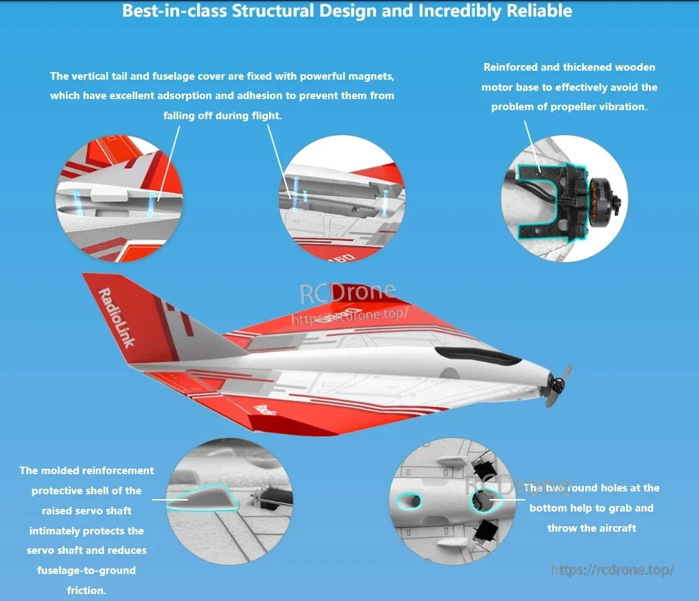 RadioLink Turbot D460 RTF RC Airplane, Advanced structural design features magnetic components, reinforced base, protected shafts, and bottom holes for easy launch, ensuring reliable, high-performance flight.