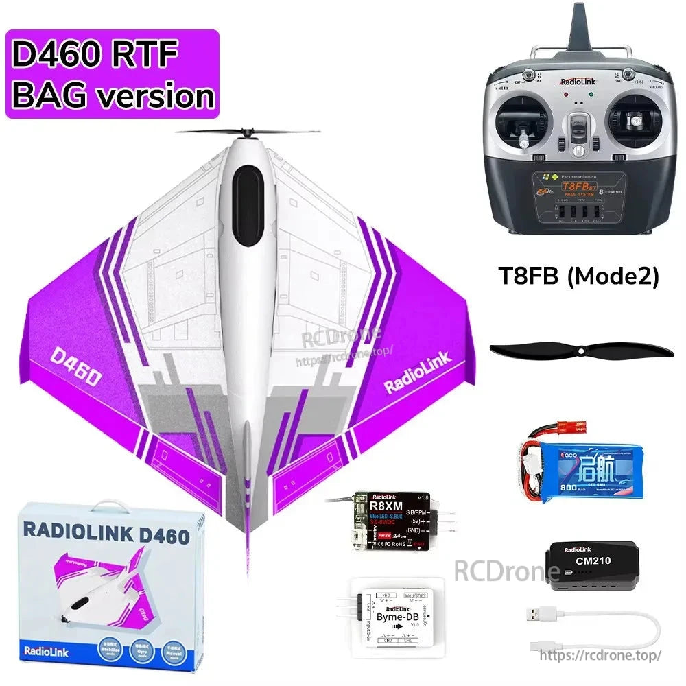 RadioLink Turbot D460 RTF RC Airplane, The RadioLink D460 RTF BAG is a durable, 7-channel delta wing RC plane with 4km range, includes all essentials, ideal for outdoor flying.