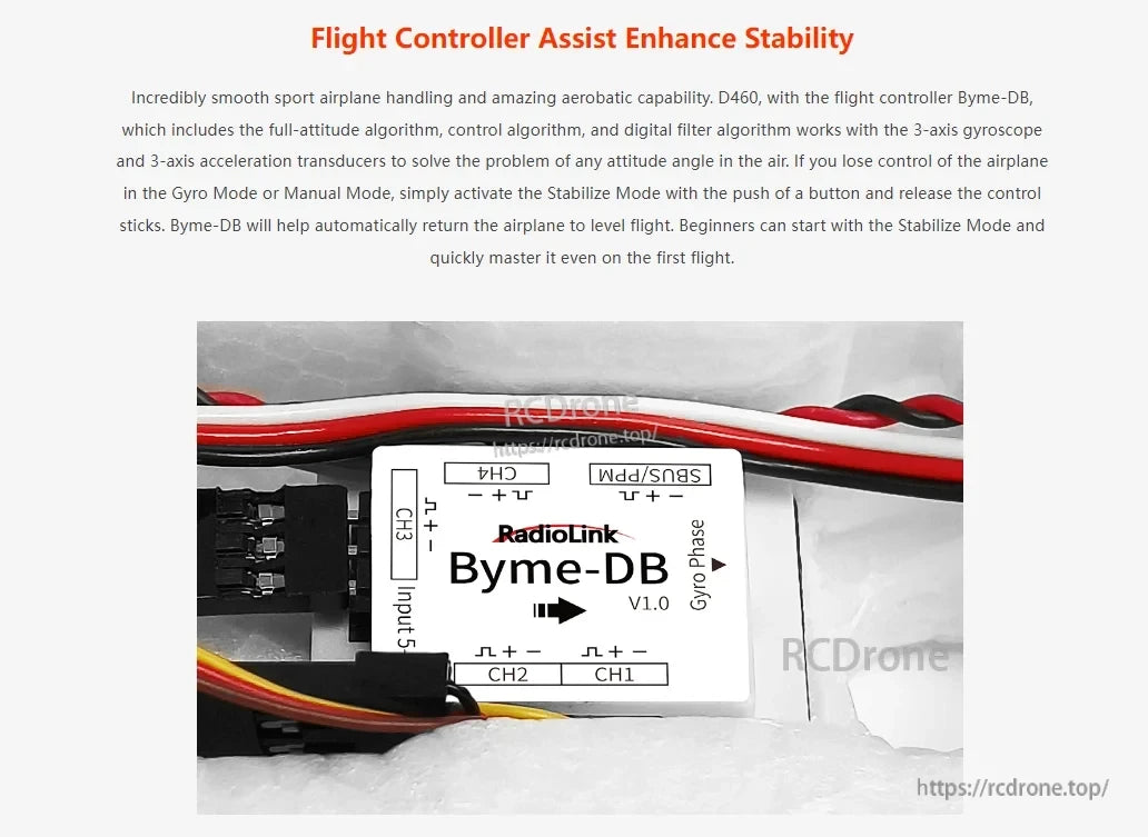 RadioLink Turbot D460 RTF RC Airplane, Byme-DB flight controller ensures stability via advanced algorithms, 3-axis sensors, and Stabilize Mode for automatic leveling, ideal for beginner pilots.