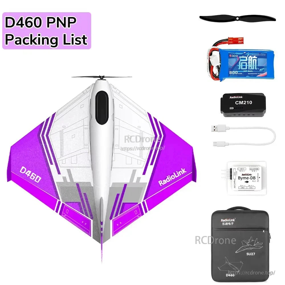 RadioLink Turbot D460 RTF RC Airplane, D460 PNP RC airplane: 7-channel MODE2, foam delta wing, 4km range. Includes battery, receiver, USB cable, module, propeller, and case.