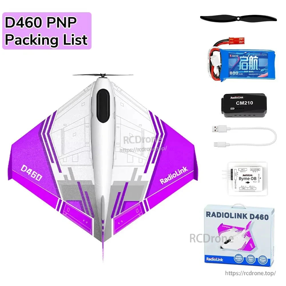 RadioLink Turbot D460 RTF RC Airplane, D460 PNP includes aircraft, battery, receiver, USB cable, Byme-DB module, and box. 7-channel MODE2, foam body, 4km range, suitable for all skill levels. (24 words)