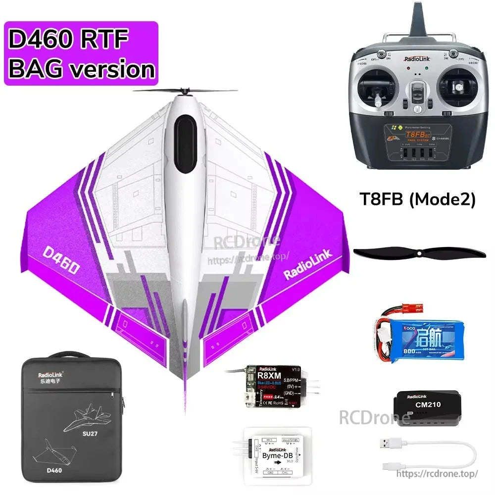 RadioLink Turbot D460 RTF RC Airplane, Purple-white delta-wing RC plane with 7-channel control, 4km range. Includes transmitter, battery, receiver, module, and case. Suitable for all skill levels. RadioLink branded.