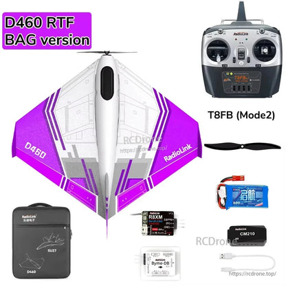 RadioLink Turbot D460 RTF RC Airplane, Purple-white delta-wing RC plane with 7-channel control, 4km range. Includes transmitter, battery, receiver, module, and case. Suitable for all skill levels. RadioLink branded.