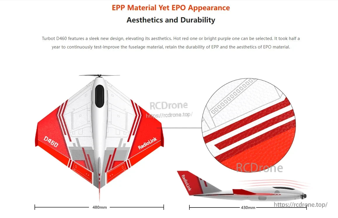 RadioLink Turbot D460 RTF RC Airplane, RadioLink Turbot D460 is a durable EPP RC plane in red or purple, with 480mm wingspan, 430mm length, blending toughness and sleek design.
