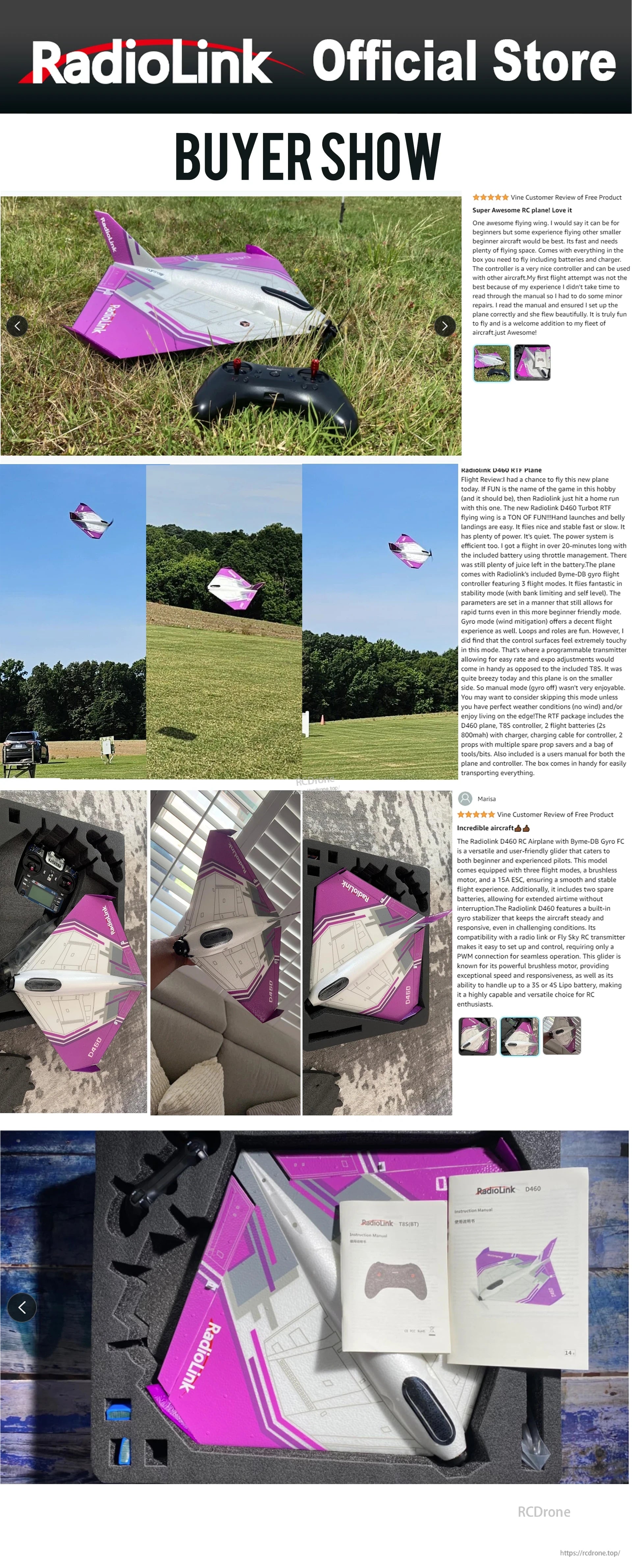 RadioLink Turbot D460 RTF RC Airplane, RadioLink D460 RTF RC airplane in purple/white includes battery, charger, controller, manual. Features gyro, brushless motor, 12A ESC, and works with RadioLink/Fly RC transmitters for stable flight.