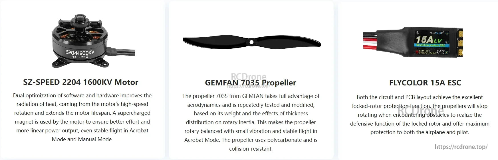 RadioLink Turbot D460 RTF RC Airplane, High-performance drone components: SZ-SPEED motor for durability, GEMFAN propeller for smooth flight, and FLYCOLOR ESC with safety protection.