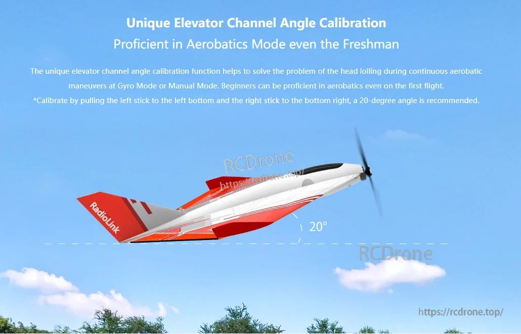 RadioLink Turbot D460 RTF RC Airplane, Smooth aerobatics in Gyro/Manual Mode via unique elevator calibration prevent head lolling. Beginners can master tricks easily. Calibrate with sticks at 20° angles. Sleek red-white Turbot D460 ensures stable, high-performance flight.