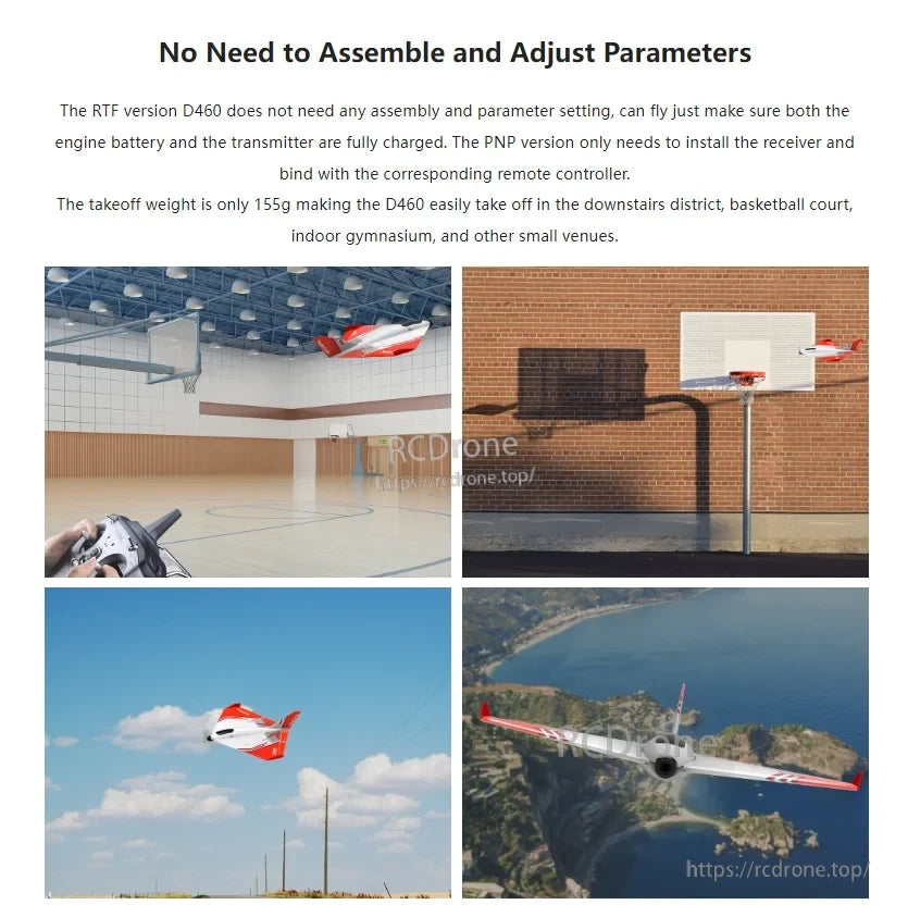 RadioLink Turbot D460 RTF RC Airplane, Ready-to-fly drone with charged battery and transmitter; 155g, ideal for indoor/small outdoor use. PNP version needs receiver setup. No assembly required.