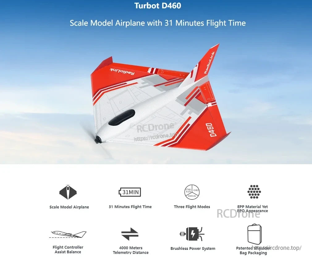 RadioLink Turbot D460 RTF RC Airplane, The Turbot D460 is a durable EPP scale model airplane with 31-minute flight time, three modes, brushless power, 4000m telemetry, flight assist, and patented shoulder bag packaging.