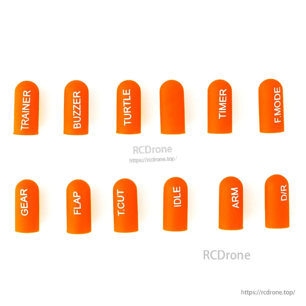 Orange short labeled silicone switch covers, 12-piece dome cap set with switch function text