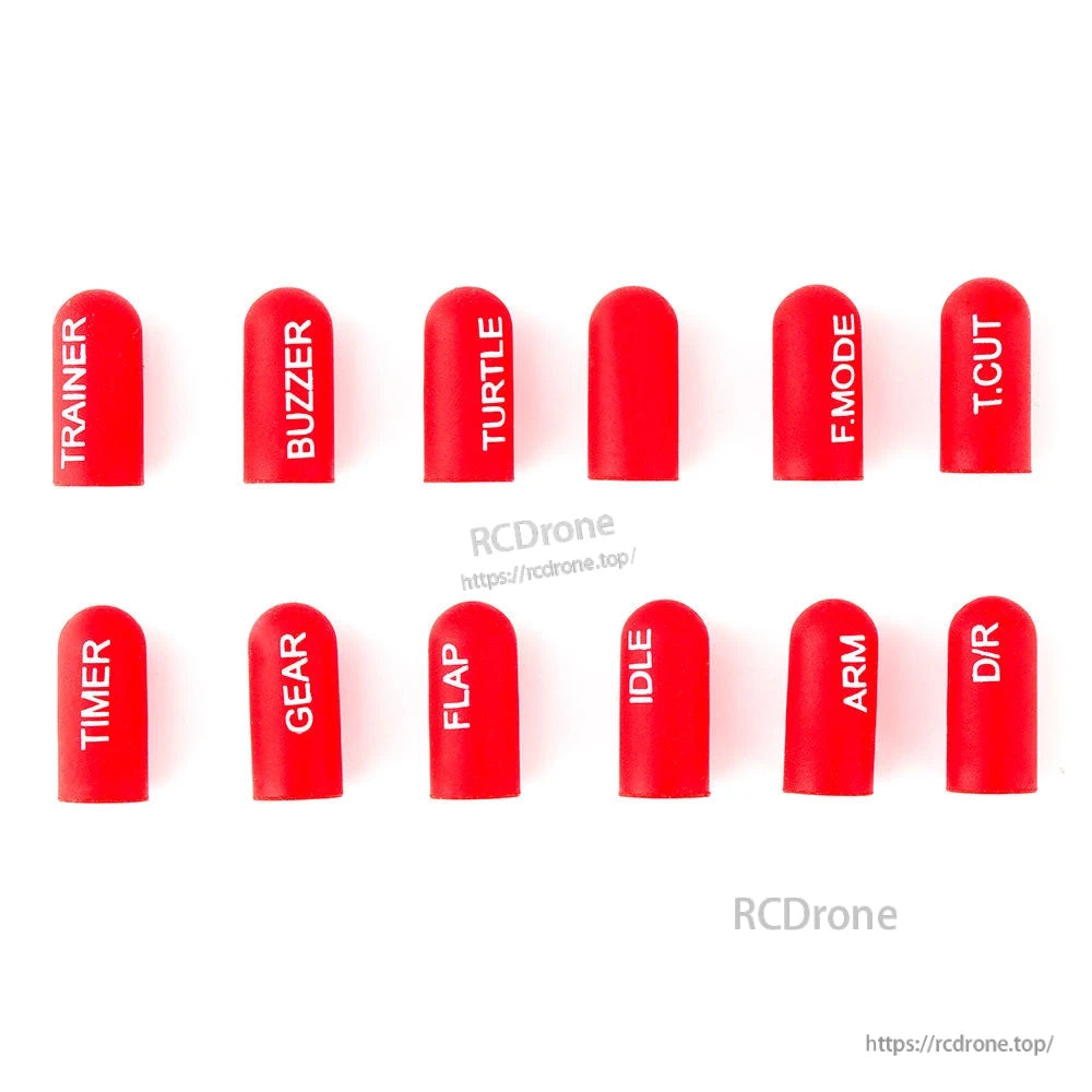 Red short silicone switch cover set, 12 labeled dome caps for RC transmitter switches