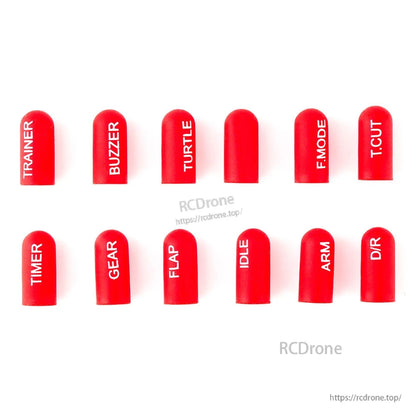 Red short silicone switch cover set, 12 labeled dome caps for RC transmitter switches