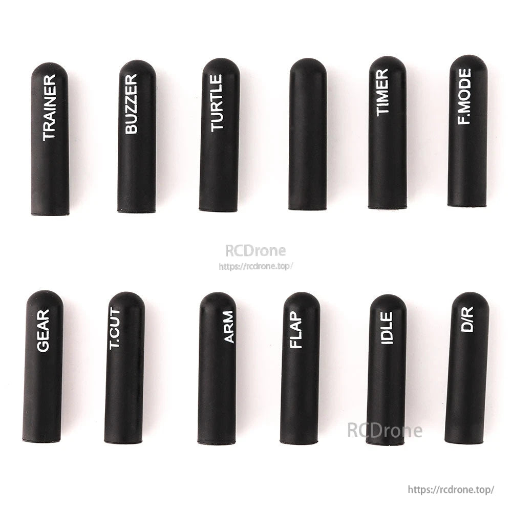 Black long silicone switch cover kit with white printed labels, 12 pieces arranged in two rows