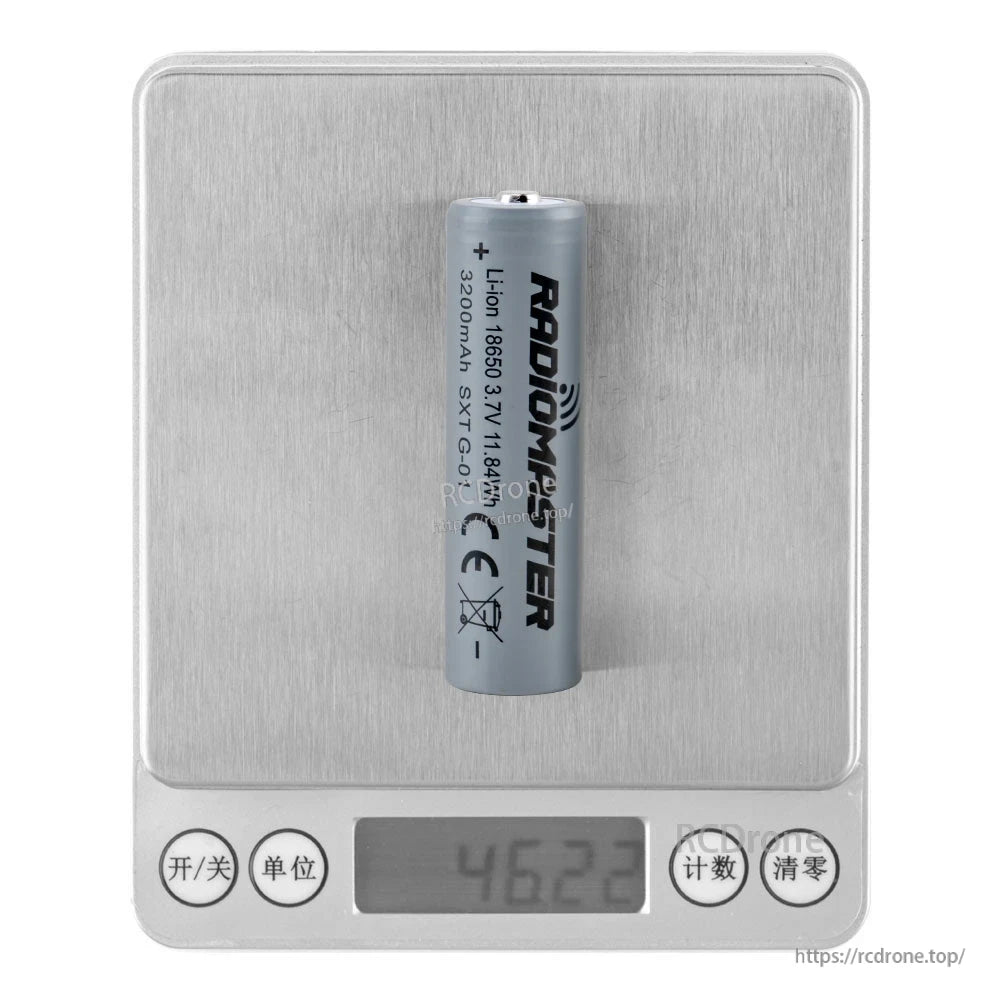 Single RadioMaster 18650 battery on a digital scale display, showing weight reading 46.22