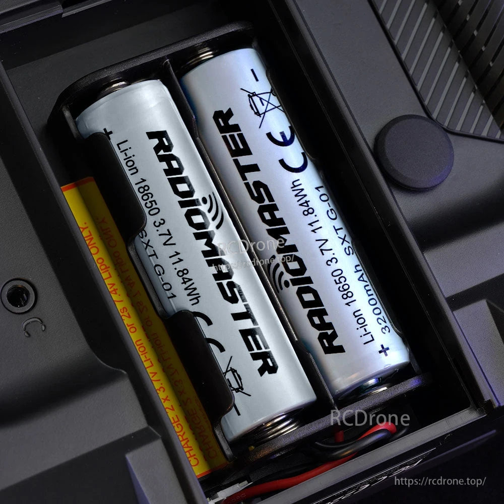 RadioMaster 18650 3200mAh 3.7V batteries installed in a radio transmitter battery compartment