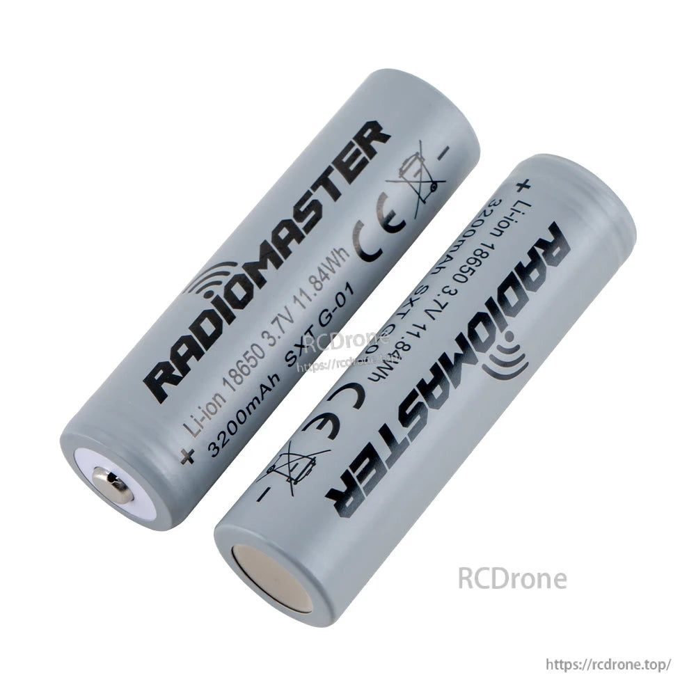 RadioMaster 18650 batteries on white background, angled view highlighting positive and negative terminals