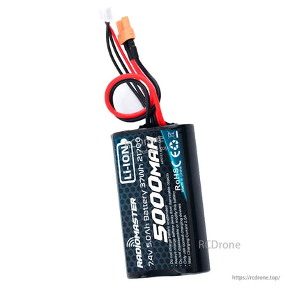 Battery pack with XT30-style connector and balance plug, wire leads shown above the wrap