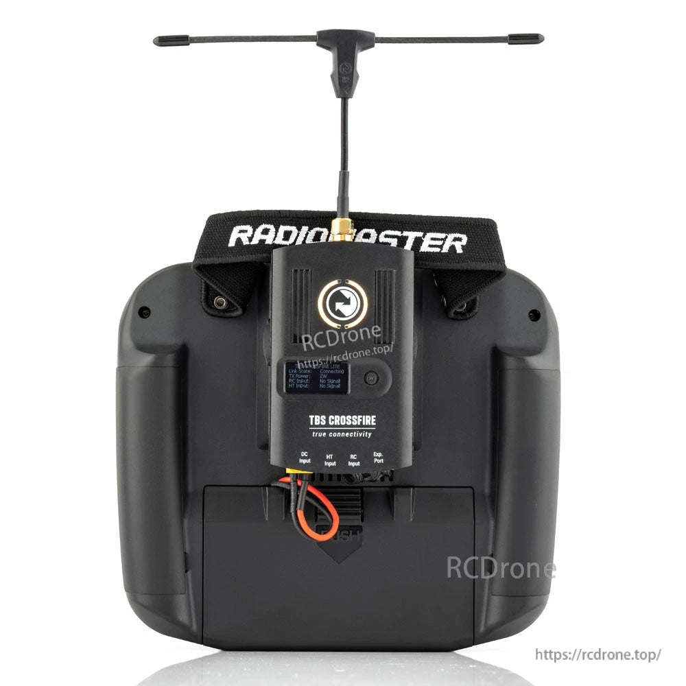 RadioMaster transmitter rear view with module installed and battery lead routed inside battery bay