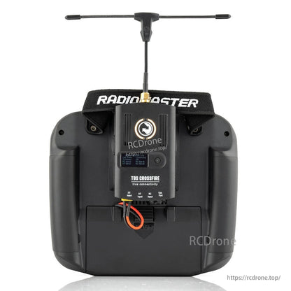 RadioMaster transmitter rear view with module installed and battery lead routed inside battery bay
